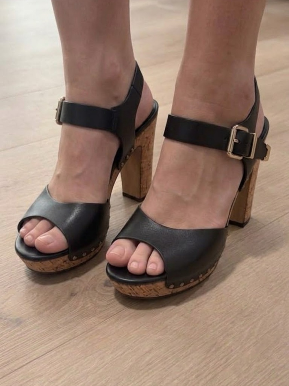 XOXO Black Cork Platform Block Heel Sandals